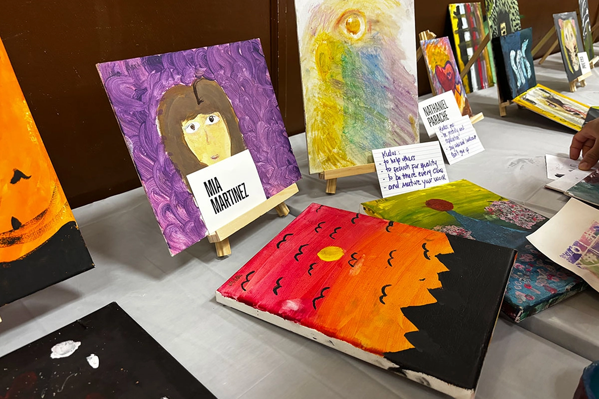 Student artwork display at The Belfry art school in Brooklyn.