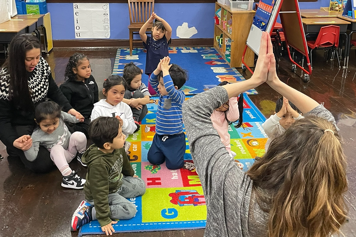 Young children ages 3.5 to 4 practicing creative movement and body expression at The Belfry Centre in Brooklyn.